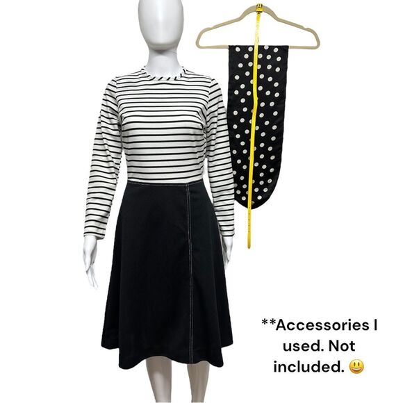 VINTAGE 60s 70s Mod Groovy Black White Polyester Striped Fit & Flare Dress 6 8 S - Picture 3 of 14